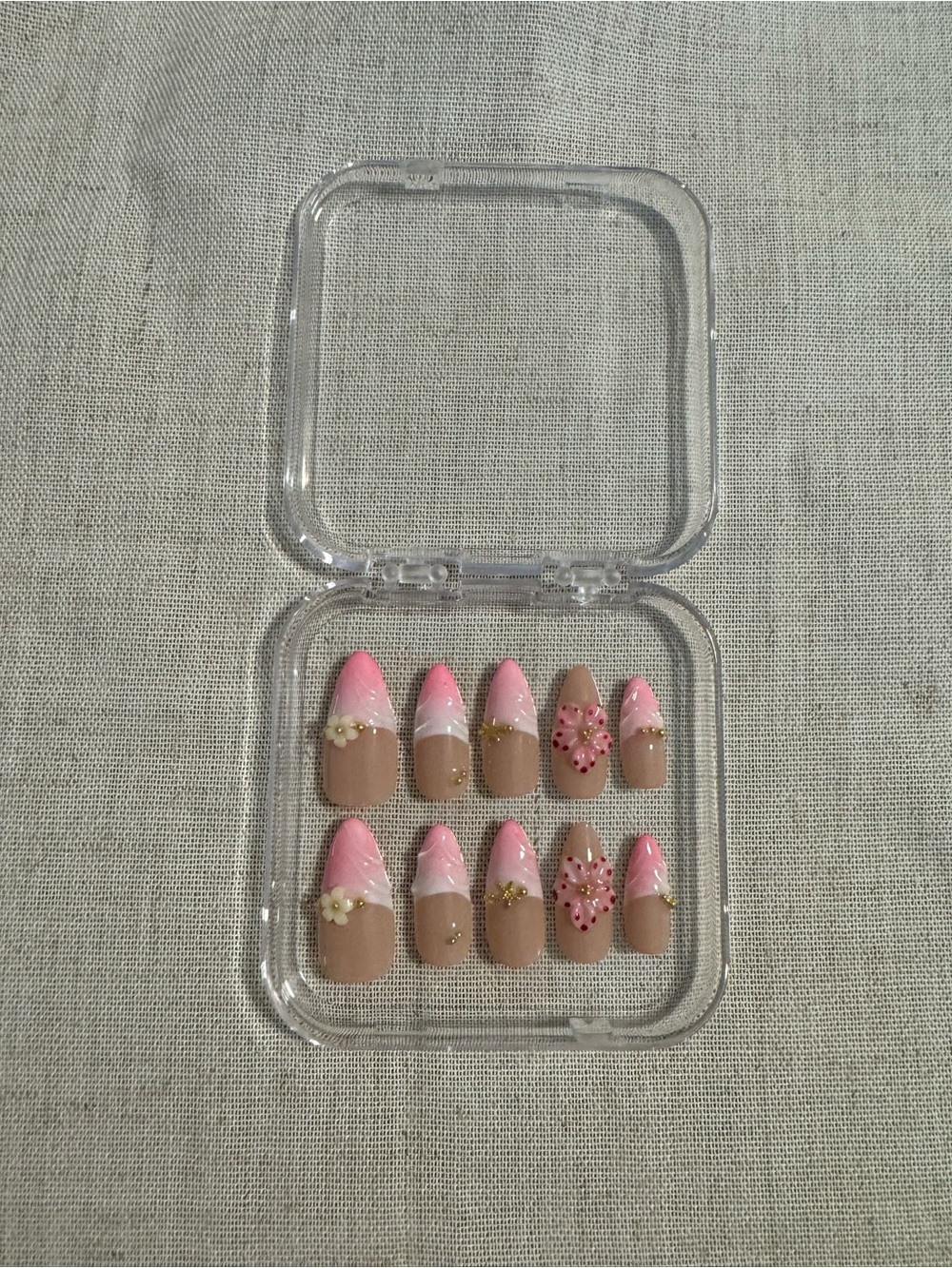 Press-On Nail Set - Pink & Nude French Tip with Accent Gems 3D Flower size small